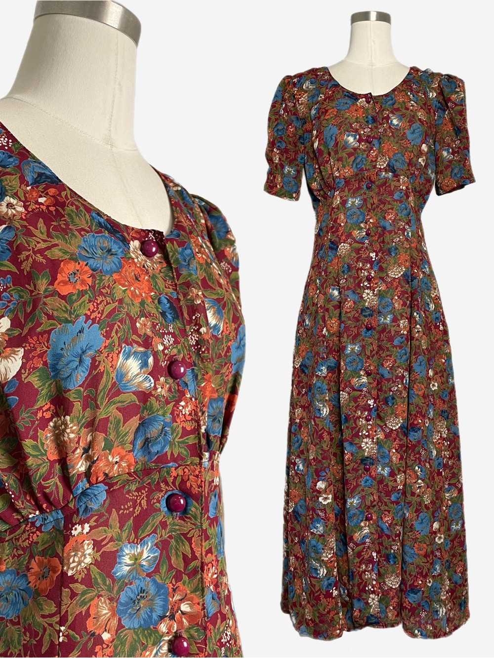 Vintage Y2K Byer Dress red floral puff sleeve button front dress cottagecore S
